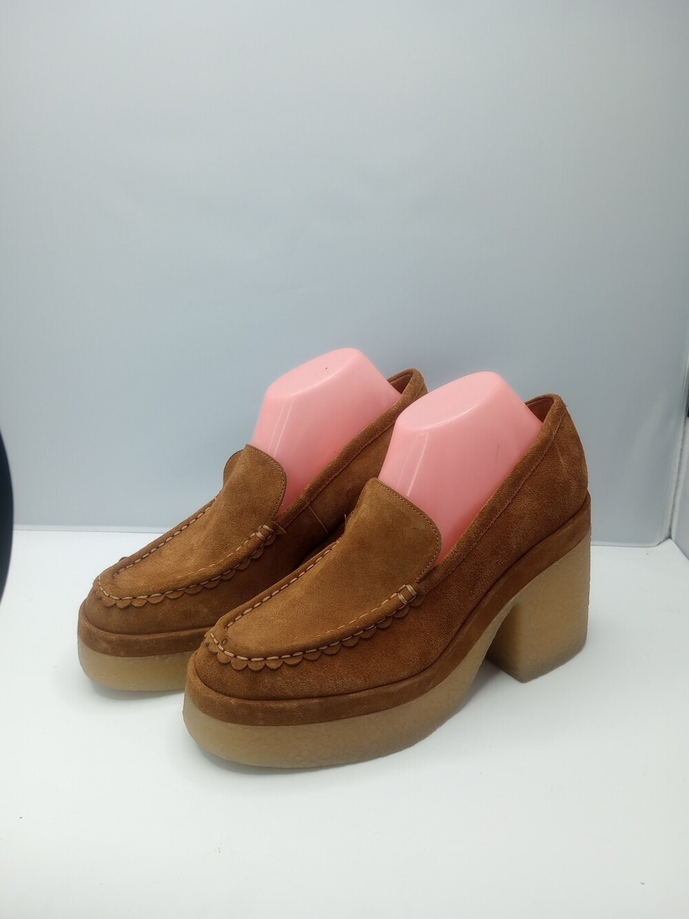 Marc Fisher Loafer Womens 9M NWOB Tan Suede Leather Chunky Block Heel Lina